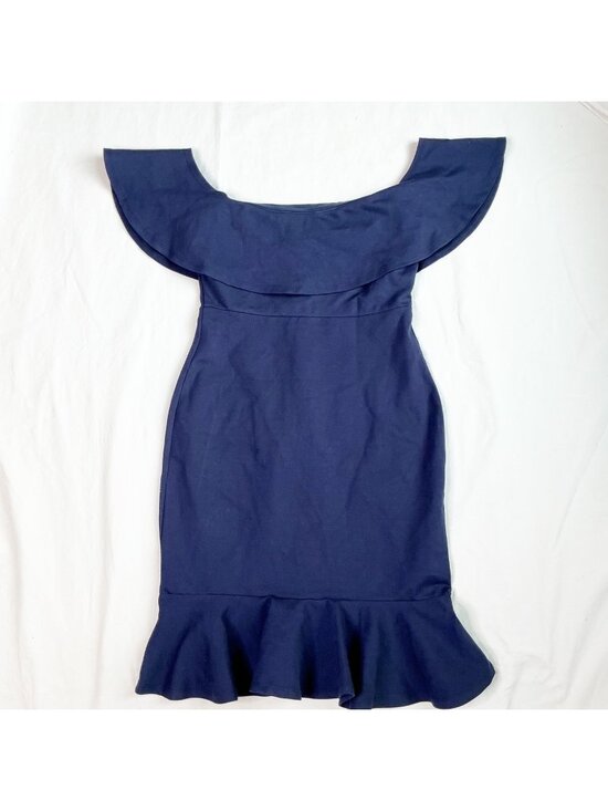 Lulus Dresses & Skirts - NWT Lulus Navy Blue Ruffle Hem Off-Shoulder Knee Length Cocktail Dress Womens M